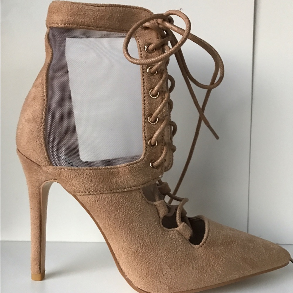 Suede Lace-Up High Heel Bootie in Tan